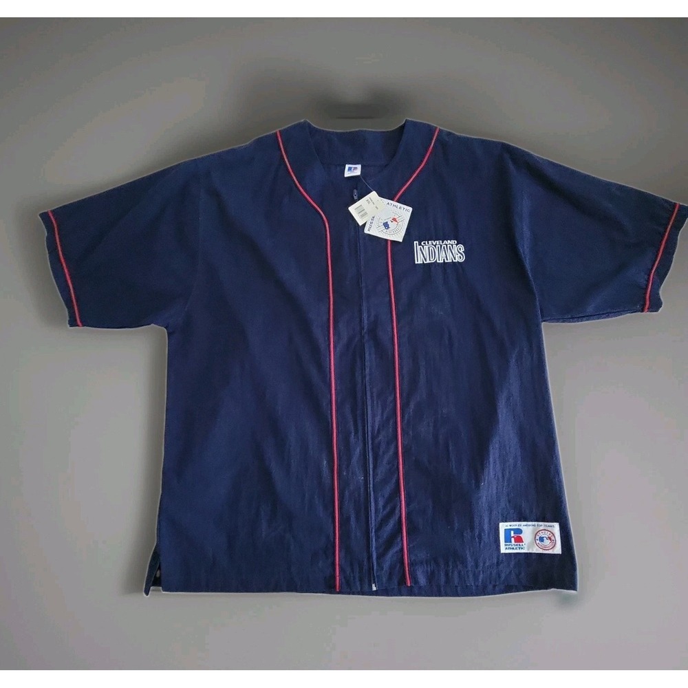 NWT Vtg 90s Russell Athletic Mens 2XL Cleveland Indians Full Zip MLB Jersey Navy